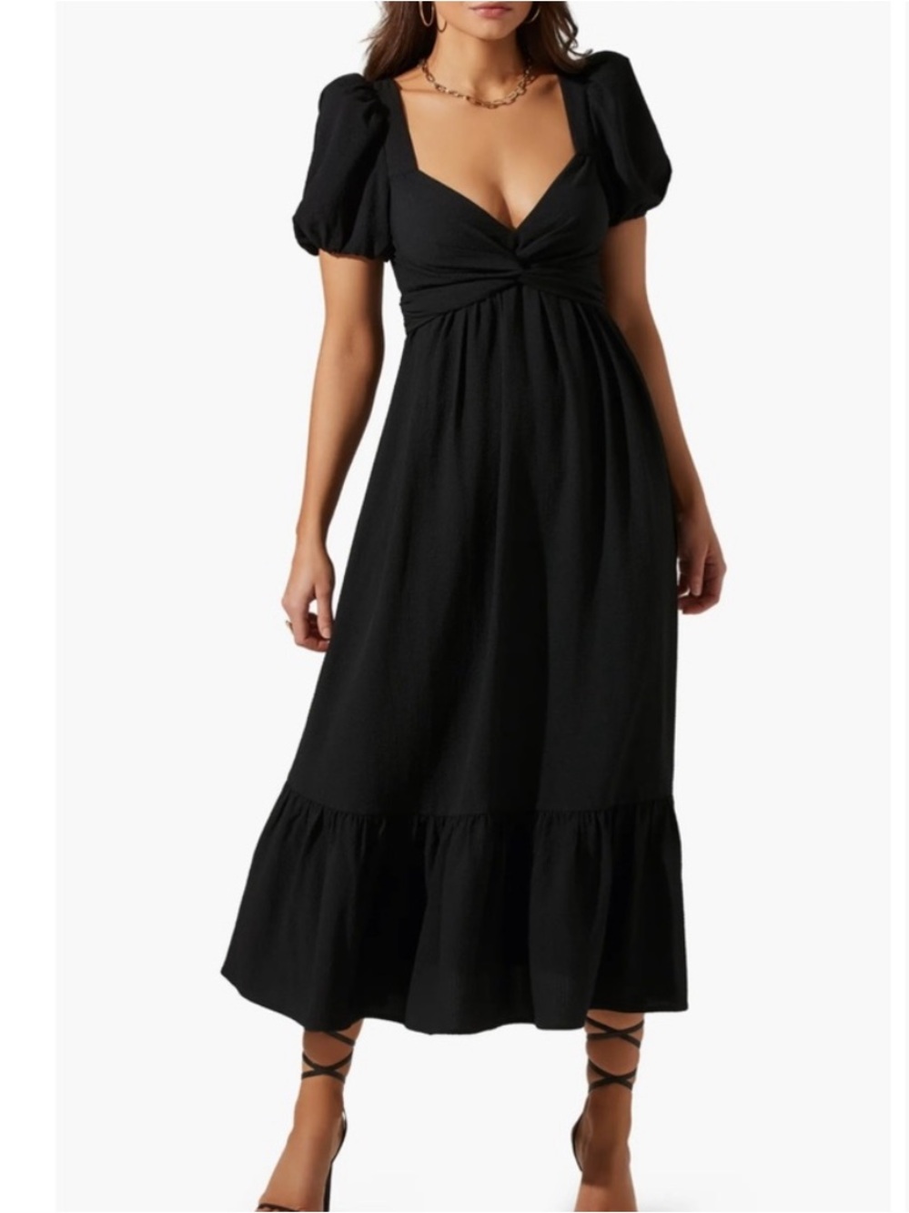 Astr Black Puff Sleeve Midi Dress with V-Neck